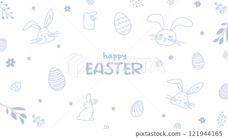 Happy Easter.Greeting card on the theme of the religious holiday. Horizontal banner with hand drawn bunnies,Easter eggs and flowers.Can be used for poster,invitation and preview.White background Happy Easter.Greeting card on the theme of the religious holiday. Horizontal banner with hand drawn bunnies,Easter eggs and flowers.Can be used for poster,invitation and preview.White background 121944165