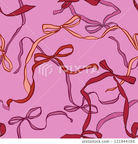 Vector pink and red bows seamless pattern. Hand-drawn gift bow isolated on pink background. Holiday illustration for design, print, fabric or background. Vector pink and red bows seamless pattern. Hand-drawn gift bow isolated on pink background. Holiday illustration for design, print, fabric or background. 121944168