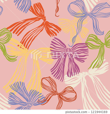Vector colorful bows seamless pattern. Hand-drawn gift bow isolated on pink background. Holiday illustration for design, print, fabric or background. Vector colorful bows seamless pattern. Hand-drawn gift bow isolated on pink background. Holiday illustration for design, print, fabric or background. 121944169