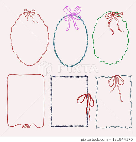 Vector frame set of red and blue bows. Hand-drawn gift bow isolated on white background. Holiday illustration for design, print, fabric or background. Vector frame set of red and blue bows. Hand-drawn gift bow isolated on white background. Holiday illustration for design, print, fabric or background. 121944170