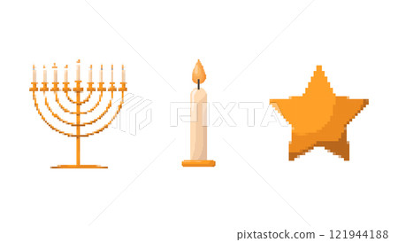 Pixel set of candle, star and candlestick.Design elements isolated on white background.Game development, mobile app.8-bit sprite. Pixel set of candle, star and candlestick.Design elements isolated on white background.Game development, mobile app.8-bit sprite. 121944188