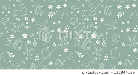 Vector doodle seamless pattern for Easter. Easter bunnies, eggs and flowers on green background.Sweet and beautiful.Can be used as gift paper, card and wallpaper Vector doodle seamless pattern for Easter. Easter bunnies, eggs and flowers on green background.Sweet and beautiful.Can be used as gift paper, card and wallpaper 121944189