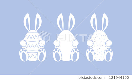 Set of cute Easter bunnies.Three bunnies hiding behind the eggs.Vector design elements.Isolated on lavender background.Used for printing on clothes, packaging, wallpaper.Sticker, decal, object. 121944190