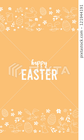 Happy Easter.Greeting card on the theme of the religious holiday. Vertical banner with hand drawn bunnies,Easter eggs and flowers.Can be used for poster,invitation and preview.Orange background Happy Easter.Greeting card on the theme of the religious holiday. Vertical banner with hand drawn bunnies,Easter eggs and flowers.Can be used for poster,invitation and preview.Orange background 121944191
