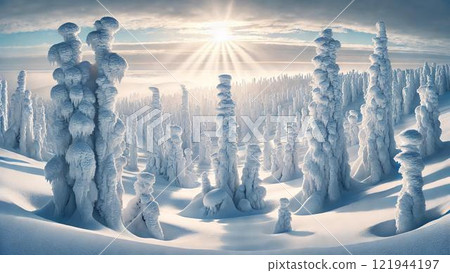 Rime on trees illustration 121944197