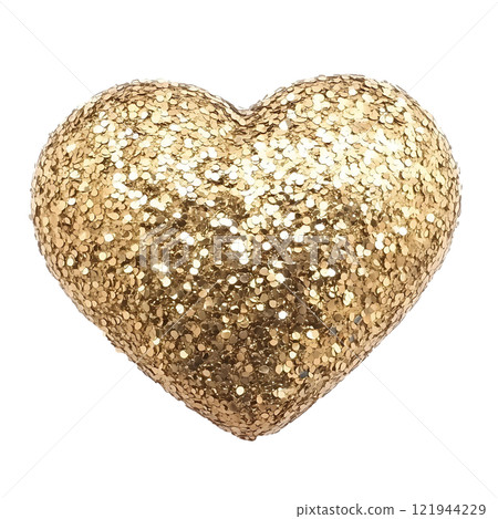 Golden heart isolated on white background, yellow gold heart-shaped jewel, Valentine's Day love symbol 121944229