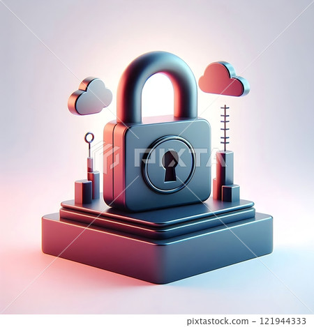 3D padlock with cloud icons on a pedestal. Concept of cloud security and data protection 121944333