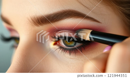 Close-up of a woman applying pink and red eyeshadow with a makeup brush. Macro shot of eye makeup process 121944351