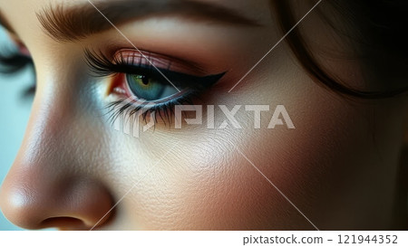 Close-up of a woman's eye with winged eyeliner and subtle eyeshadow. Macro shot highlighting detailed makeup and skin texture 121944352