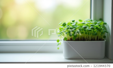 Young green microgreens growing in white tray by a window. Indoor gardening concept, copy space 121944370