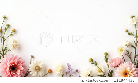 Border of pink, white, and purple flowers on a white background. Minimal floral arrangement with copy space for design 121944433