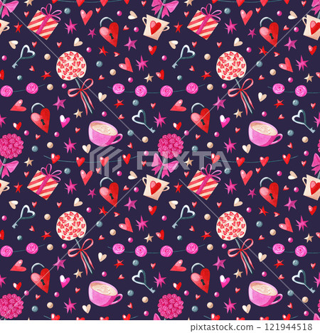 Watercolor valentine's day seamless pattern. Bright red and pink love background. Texture for fabric, textile, wrapping paper, digital paper. Lollipop, candy, gift box, garlands, hearts, key, cup. Watercolor valentine's day seamless pattern. Bright red and pink love background. Texture for fabric, textile, wrapping paper, digital paper. Lollipop, candy, gift box, garlands, hearts, key, cup. 121944518