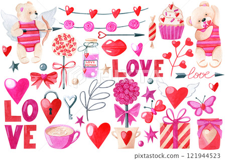 St. Valentine's day watercolor clipart bundle with teddy bear, gift box, candies, hearts, cupid, floral elements, lettering isolated on white background. Decorative hearts, love, lips, bows, garland 121944523