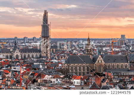 Antwerp, Belgium Cityscape at Dusk 121944576
