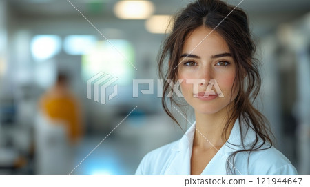 Portrait of a female scientist in a laboratory, smiling with confidence. Science and research concept 121944647