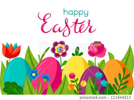 Happy Easter greeting card. Cute eggs and flowers for celebration. Happy Easter greeting card. Cute eggs and flowers for celebration. 121944813