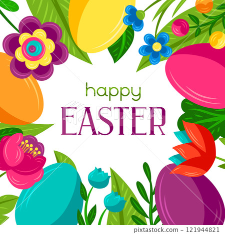Happy Easter greeting card. Cute eggs and flowers for celebration. Happy Easter greeting card. Cute eggs and flowers for celebration. 121944821