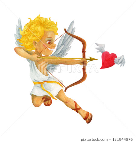 Cherub angel cupid of love shooting an arrow straight to the flying heart. Isolated cartoon watercolor character, suitable for Valentine's Day, wedding, anniversary, cards, posters and banner Cherub angel cupid of love shooting an arrow straight to the flying heart. Isolated cartoon watercolor character, suitable for Valentine's Day, wedding, anniversary, cards, posters and banner 121944876