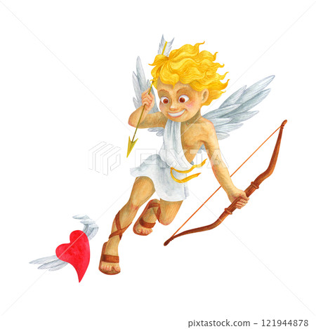 A blond boy with wings in Greek clothing is chasing a heart to pierce it with an arrow. Watercolor cherub. Hand drawn romantic character. Isolated Cupid portrait for Valentine's Day decoration 121944878