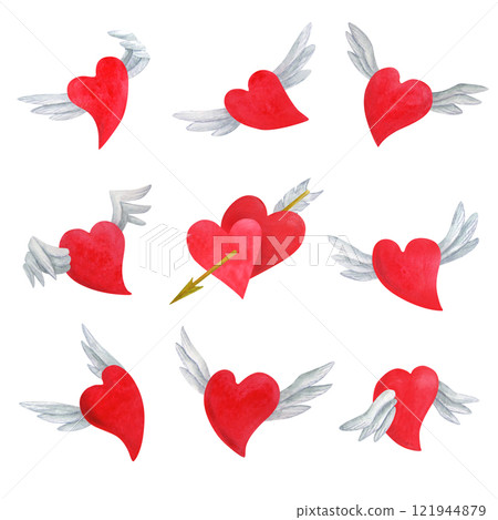 Cartoon flying hearts in different emotional poses. Set of symbols of love and valentine's day for scrapbooking, greeting card, party invitation, gift tags. Watercolor hand drawn illustration Cartoon flying hearts in different emotional poses. Set of symbols of love and valentine's day for scrapbooking, greeting card, party invitation, gift tags. Watercolor hand drawn illustration 121944879