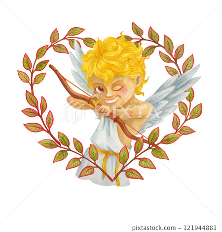 Mischievous Cherub in a heart-shaped leaves frame aims an arrow from a bow at the viewer. Laughing watercolor character. Isolated angel. Winged Cupid for Valentine's Day design and holiday print Mischievous Cherub in a heart-shaped leaves frame aims an arrow from a bow at the viewer. Laughing watercolor character. Isolated angel. Winged Cupid for Valentine's Day design and holiday print 121944881