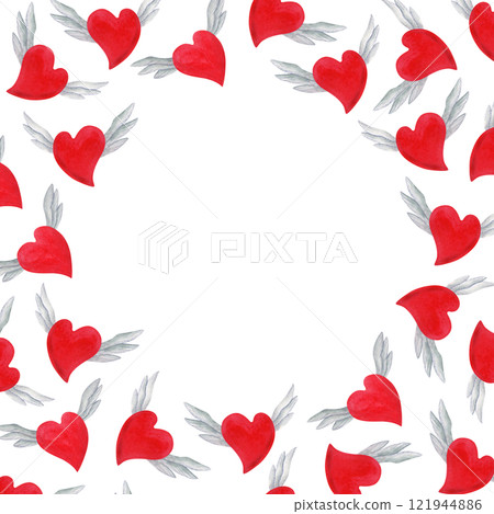 Simple romantic background with empty place for text in center. Square frame of red flying hearts with blue wings. Isolated Hand drawn watercolor template for valentine's day cards or posters design. Simple romantic background with empty place for text in center. Square frame of red flying hearts with blue wings. Isolated Hand drawn watercolor template for valentine's day cards or posters design. 121944886