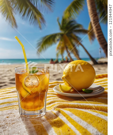 Refreshing Iced Lemon Tea on Beach 121944947