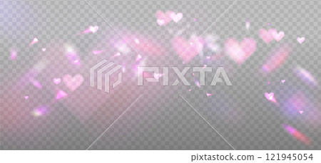 Romantic reflection, pink light prism effect on light background. Hologram glass dispersion, crystal hearts glittering overlay. Vector illustration 121945054