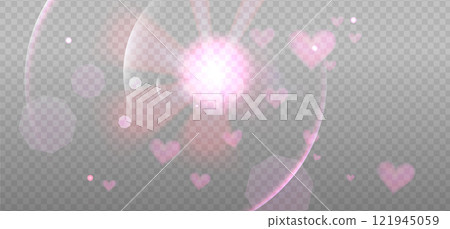 Pink abstract bokeh hearts overlay design. Romantic Valentines Holiday photo sparkle decoration. Vector effect 121945059
