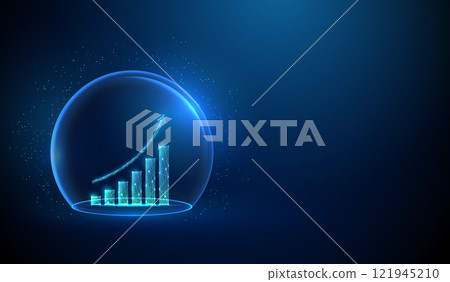Abstract blue grawing chart inside a glass dome. Neon sphere shield. Business strategy, financial, investment concept. Futuristic low poly wireframe style 121945210