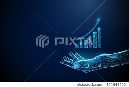 Abstract giving hand with growing chart. Low poly style design. Bussines strategy, trading, financional concept. Low poly wireframe style. Abstract giving hand with growing chart. Low poly style design. Bussines strategy, trading, financional concept. Low poly wireframe style. 121945212