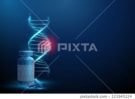Blue DNA helix with red spot, bottle and pills. DNA damage, gene editing, genetic mutation, genetic biotechnology engineering, medical therapy concept 121945224