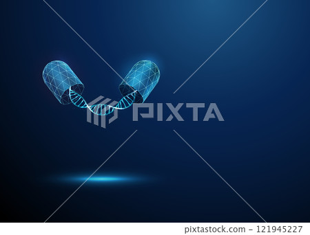 Abstract opened blue medical drug capsule with DNA helix inside. Healthcare medical pharmacy, genetic biotechnology engineering, medical therapy concept. 121945227
