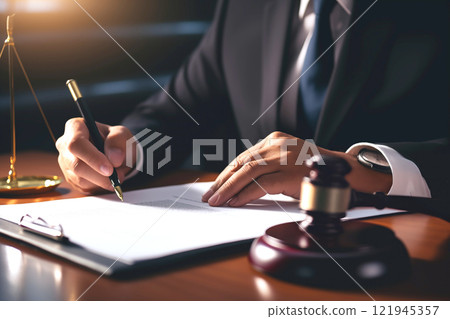 A professional attorney reviews and signs legal documents while seated at a desk in a modern office. 121945357