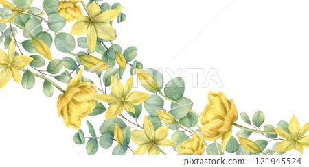 Spring yellow tulip flowers, green eucalyptus leaves hand drawn frame in watercolor. Floral illustration isolated background with copy space for text. Border for wedding, greeting card, stationery. Spring yellow tulip flowers, green eucalyptus leaves hand drawn frame in watercolor. Floral illustration isolated background with copy space for text. Border for wedding, greeting card, stationery. 121945524