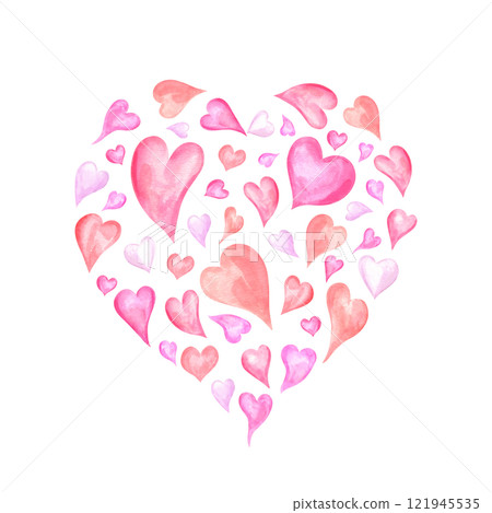 Big heart made up of small watercolor pink red hearts isolated background. Romantic delicate decorative illustration for package design, Valentine day greeting card, pattern, wedding invitation Big heart made up of small watercolor pink red hearts isolated background. Romantic delicate decorative illustration for package design, Valentine day greeting card, pattern, wedding invitation 121945535