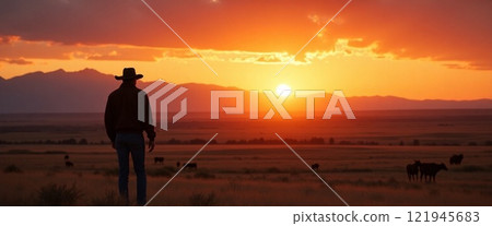 Yellowstone National Park: Cowboys overlooking a ranch in the sunset. Dutton Ranch. AI-generated material. 121945683