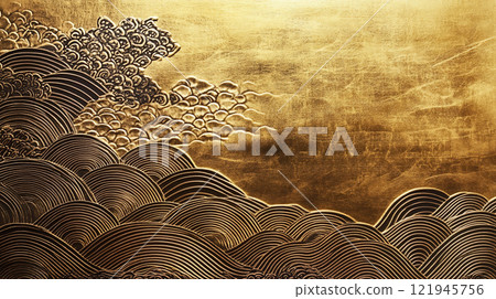 Traditional Japanese art featuring waves and clouds painted on gold leaf 121945756