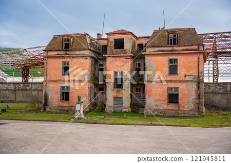 Abandoned building of salt production facilities near Ulcinj town in Montenegro 121945811