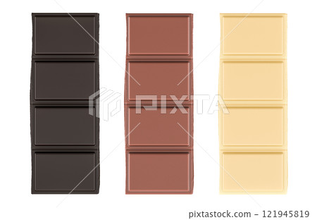 Chocolate bar pieces. Dark, milk and white chocolate, front view. 3D rendering Chocolate bar pieces. Dark, milk and white chocolate, front view. 3D rendering 121945819
