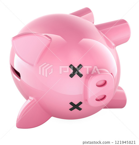 Dead piggy bank. Financial crisis, bankruptcy concept. 3D rendering Dead piggy bank. Financial crisis, bankruptcy concept. 3D rendering 121945821