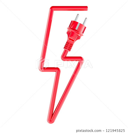 Lightning shape from red power cable with power plug. 3D rendering 121945825