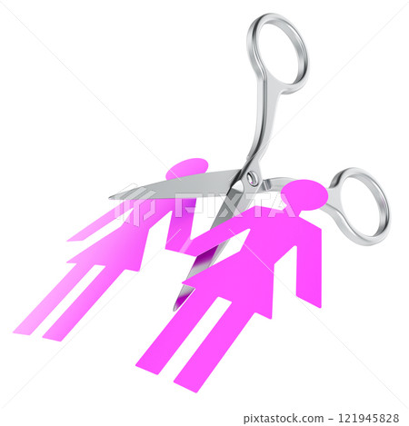 Scissors cutting of lesbian spouses figures. Divorce, separation concept. 3D rendering 121945828