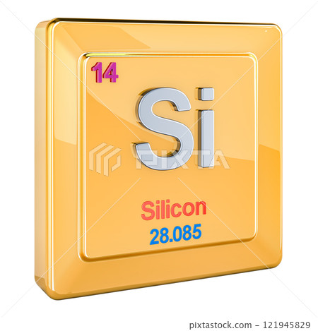 Silicon Si, chemical element sign with number 14 in periodic table. 3D rendering 121945829