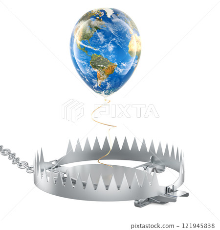 Balloon with Earth map texture inside bear trap, 3D rendering 121945838