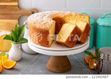 Homemade citrus bundt cake on kitchen counter Homemade citrus bundt cake on kitchen counter 121945987