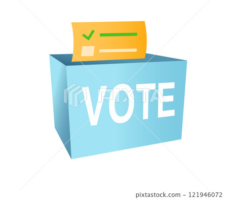 Blue ballot box icon with slot, casting vote and lock 121946072