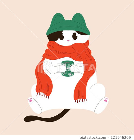Cat in a hat and scarf holds a mug with a winter pattern in flat style. Perfect for postcard, winter and autumn cozy design. Isolated illustration. 121946209