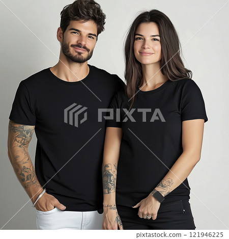 A man and woman stand next to each other in black tshirts. Black cotton couple t-shirts mockup A man and woman stand next to each other in black tshirts. Black cotton couple t-shirts mockup 121946225