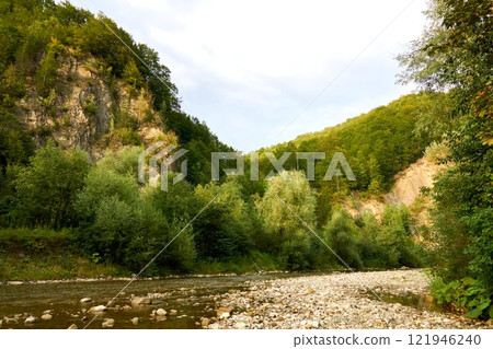 Shallowed rapid flow of a mountain river among the stone forest rocks Shallowed rapid flow of a mountain river among the stone forest rocks 121946240